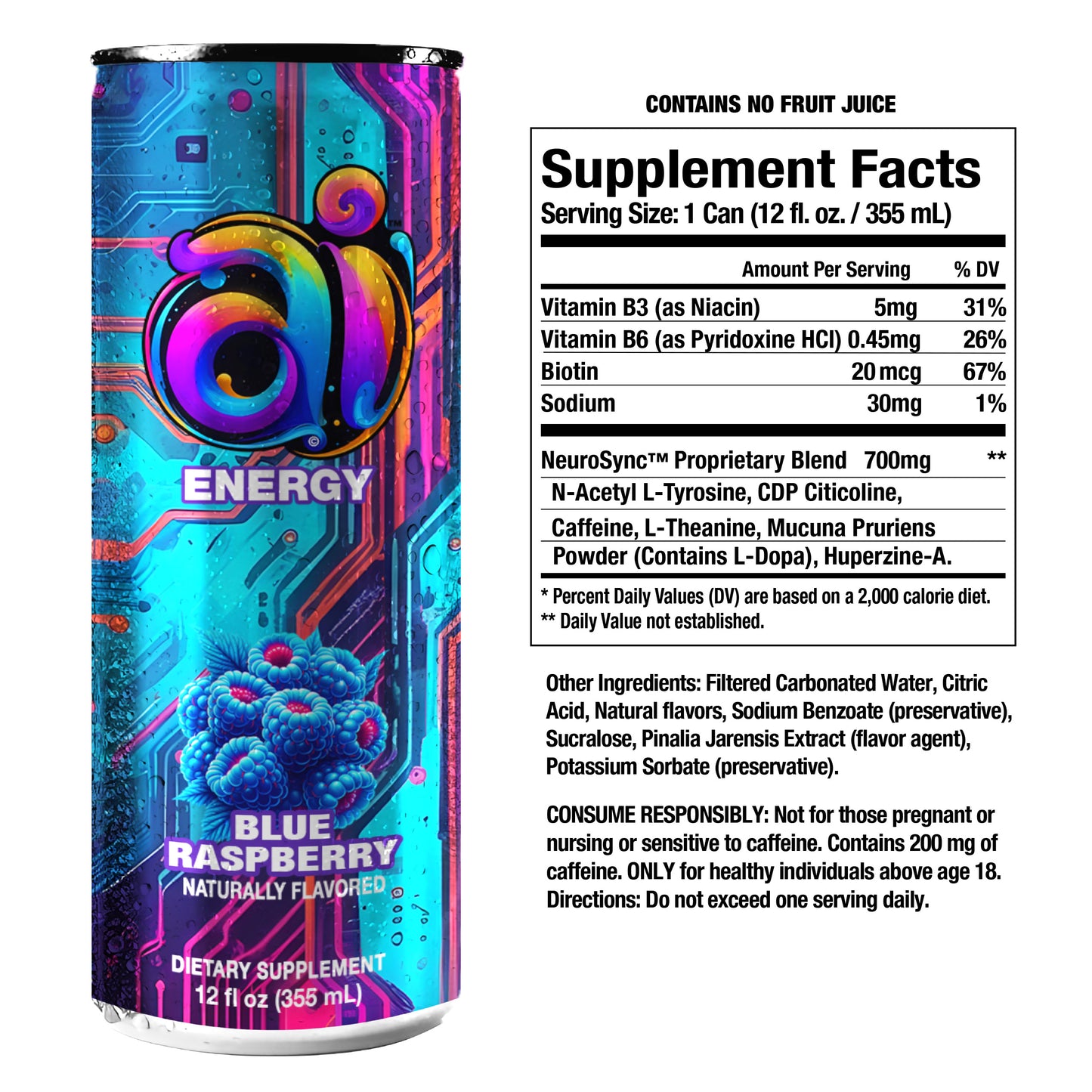 Ai Energy Blue Raspberry can in dark colorful background and blue raspberries graphic Ai Energy Drink supplement label in white background and other ingredient list
