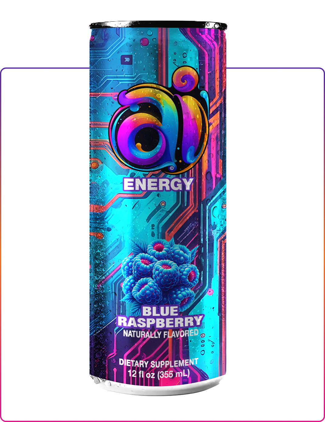 Ai Energy Blue Raspberry Ai energy drink in can with dark colorful design and blue raspberries graphic illustration on a clear transparent background