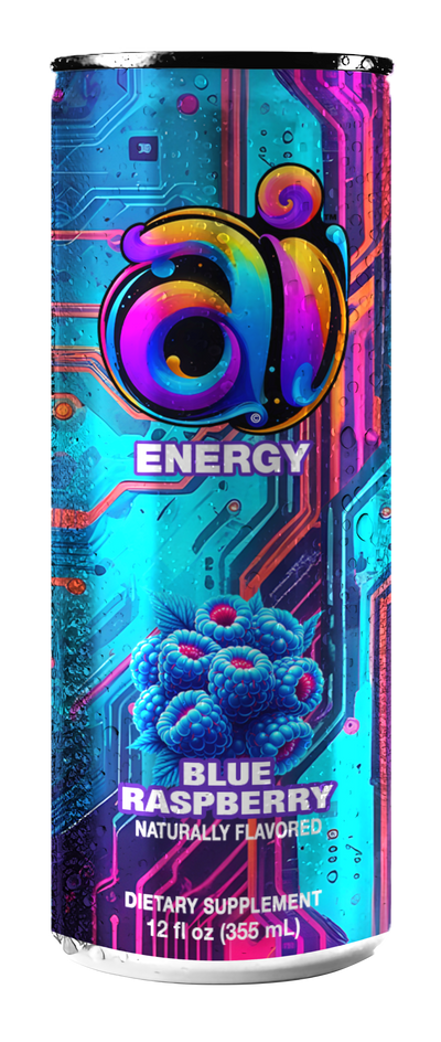 Ai Energy Blue Raspberry Ai Energy Drink in Can Product Image 0
Ai Energy Blue Raspberry Ai energy drink in can with dark colorful design and blue raspberries graphic illustration on a clear transparent background