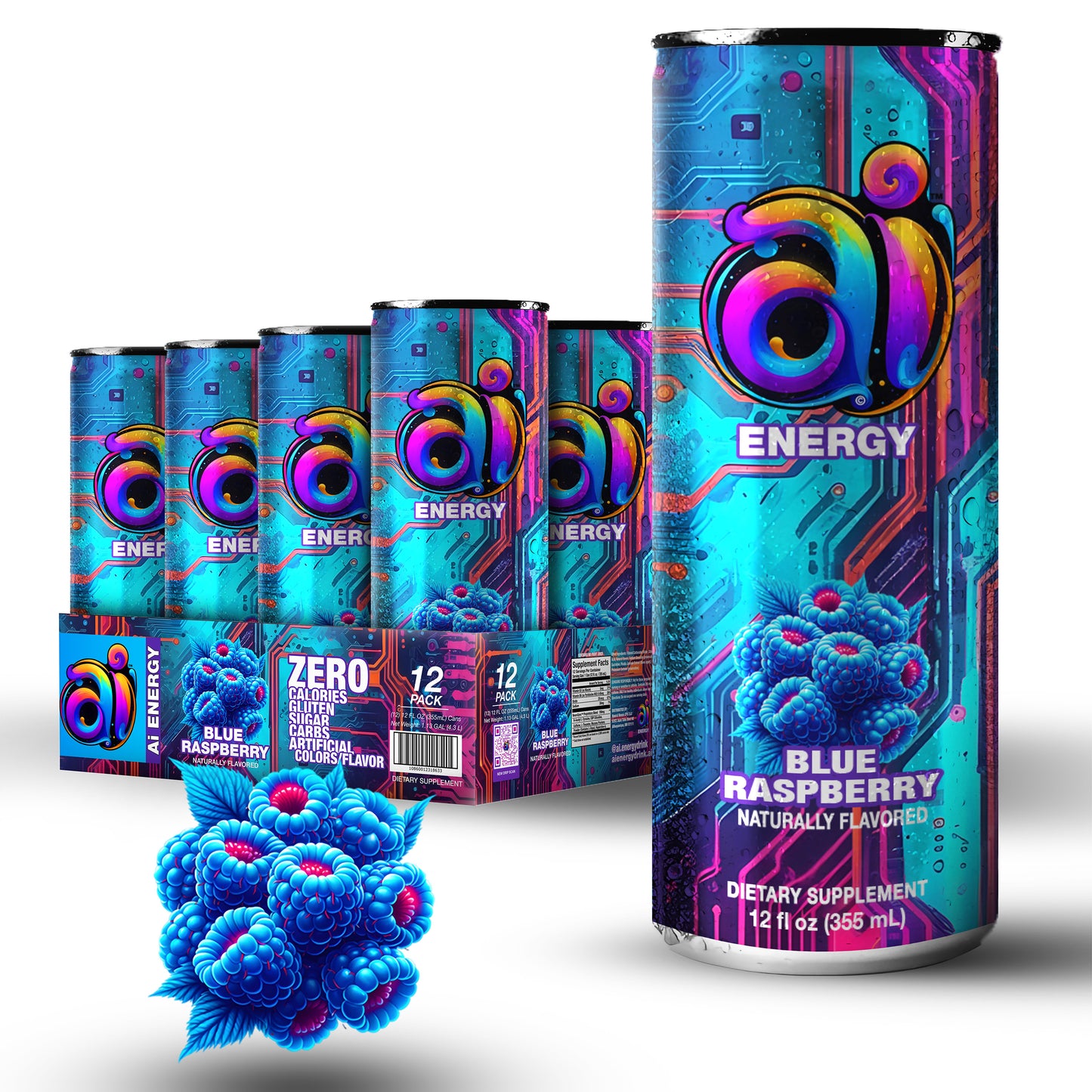 12-pack Ai Energy Blue Raspberry Ai energy drink in can with dark colorful design and blue raspberries graphic illustration on a white background