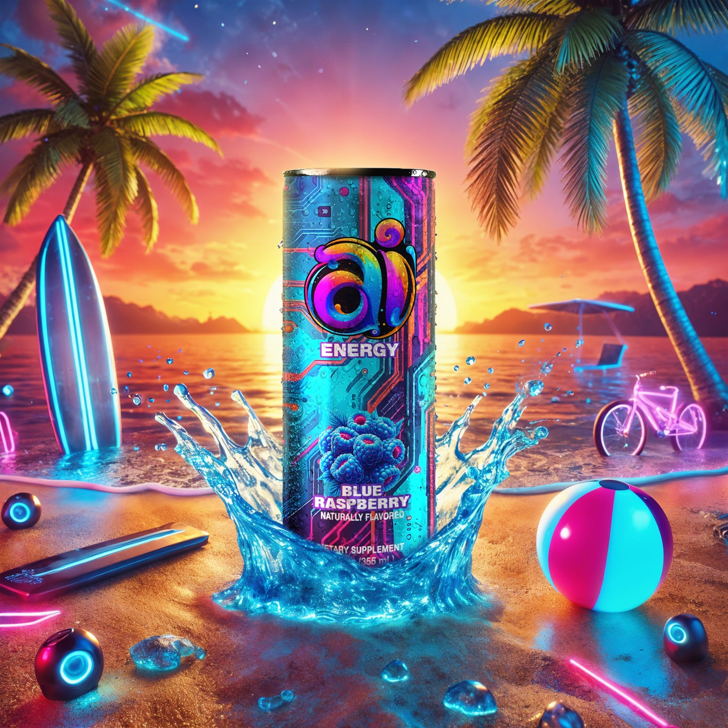 Ai Energy Blue Raspberry energy drink in beach setting with sunset background