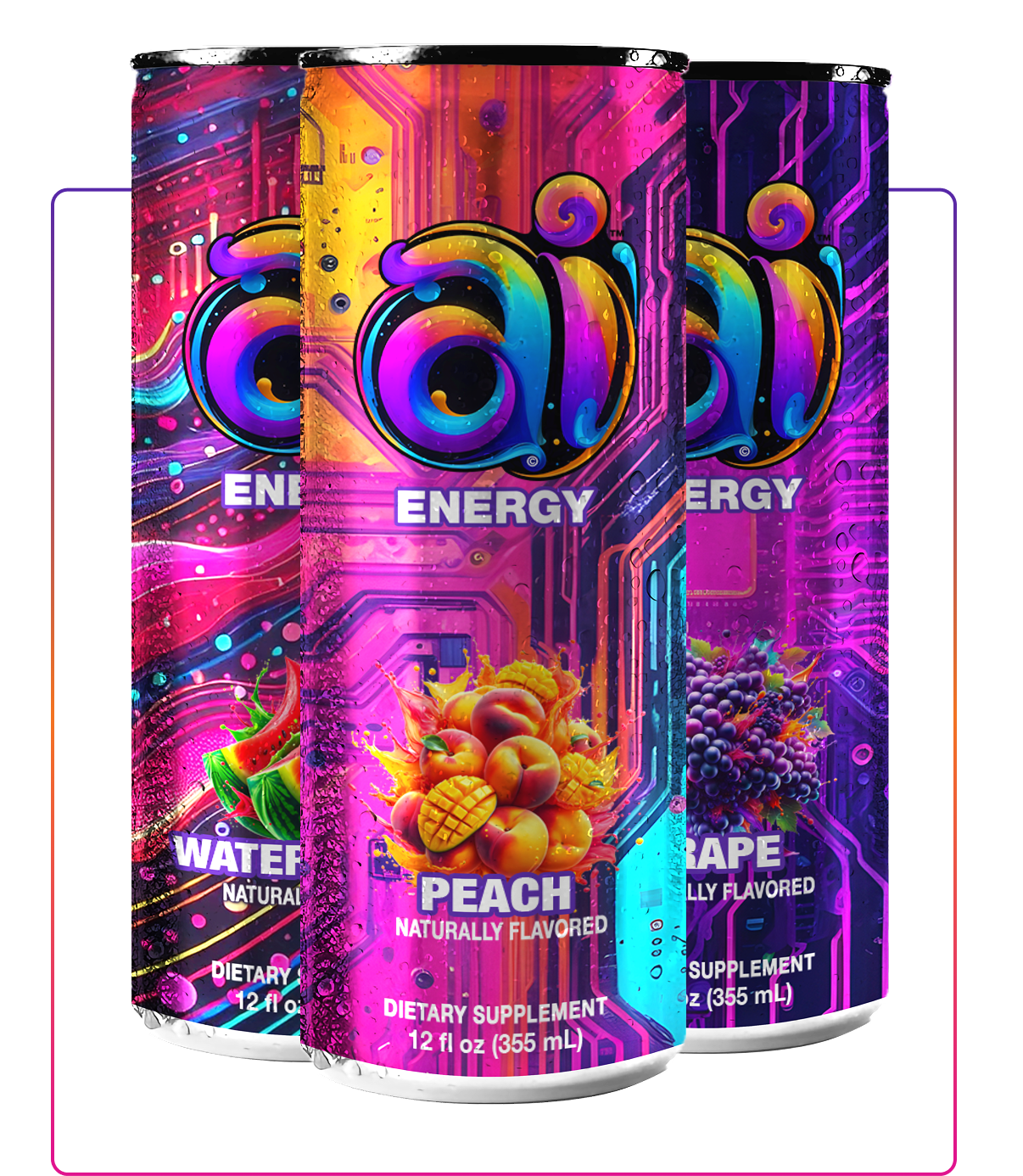 3 Cans of Ai Energy Variety Mixed Flavors Ai energy drink with dark colorful design and Different Fruit Flavors graphic illustration on each can on a clear transparent background
