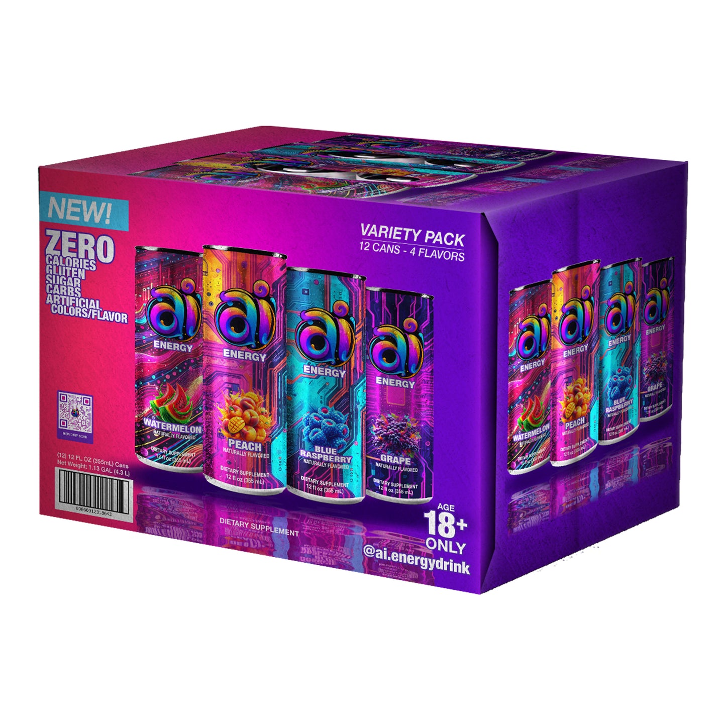 A box of 12-pack Ai Energy Drink Variety Mixed Flavors with dark colorful designs and Different Fruit Flavors graphic illustration on each can on a white background, box is facing to the left, box angle