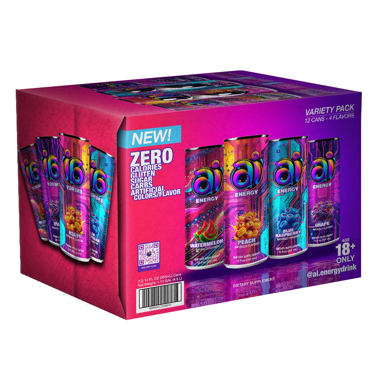 A box of 12-pack Ai Energy Drink Variety Mixed Flavors with dark colorful designs and Different Fruit Flavors graphic illustration on each can on a white background, box is facing to the right, box angle, 18+ only warning, NEW, QR Code, Barcode