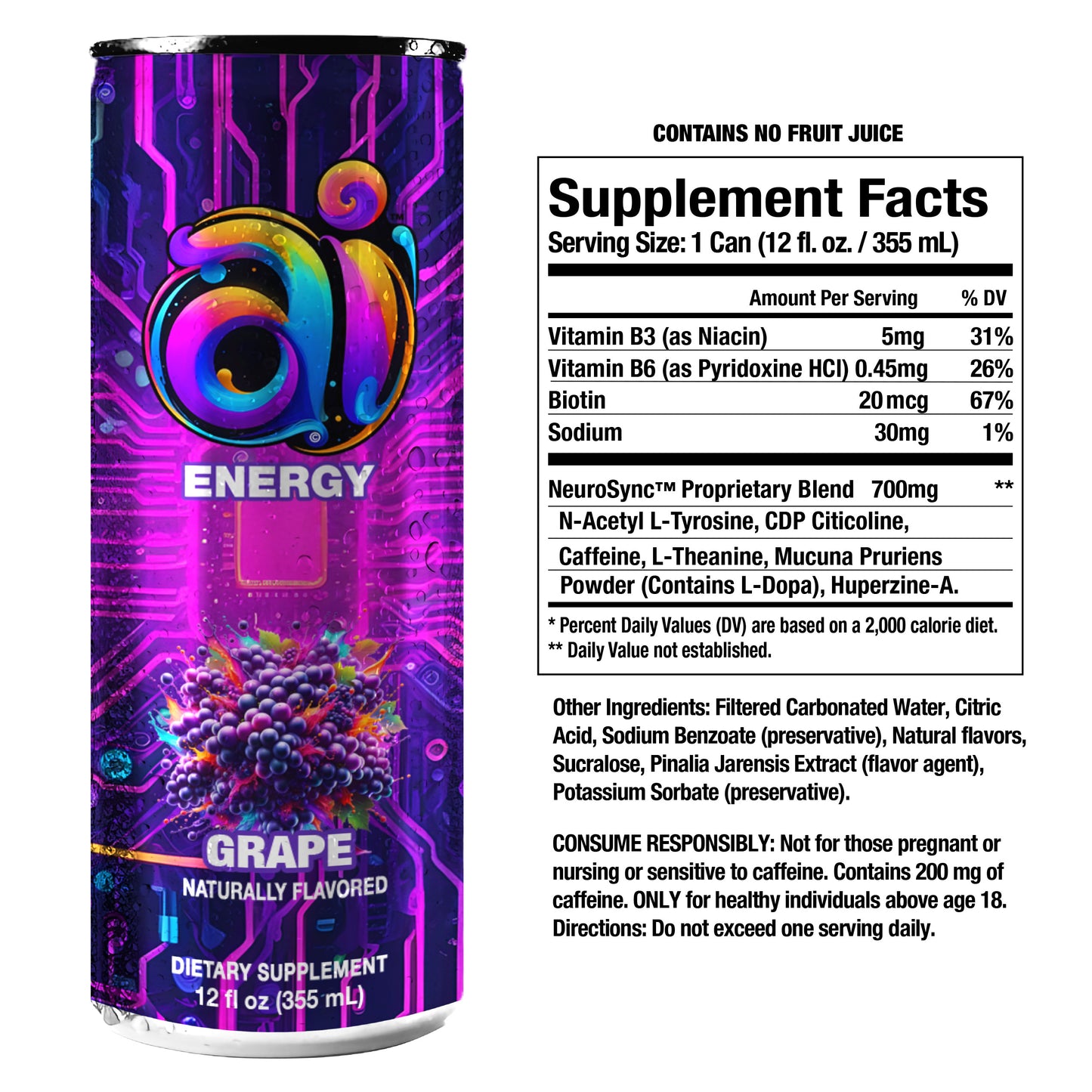 Ai Energy Grape can in dark colorful background and Grape graphic Ai Energy Drink supplement label and other ingredient list in white background