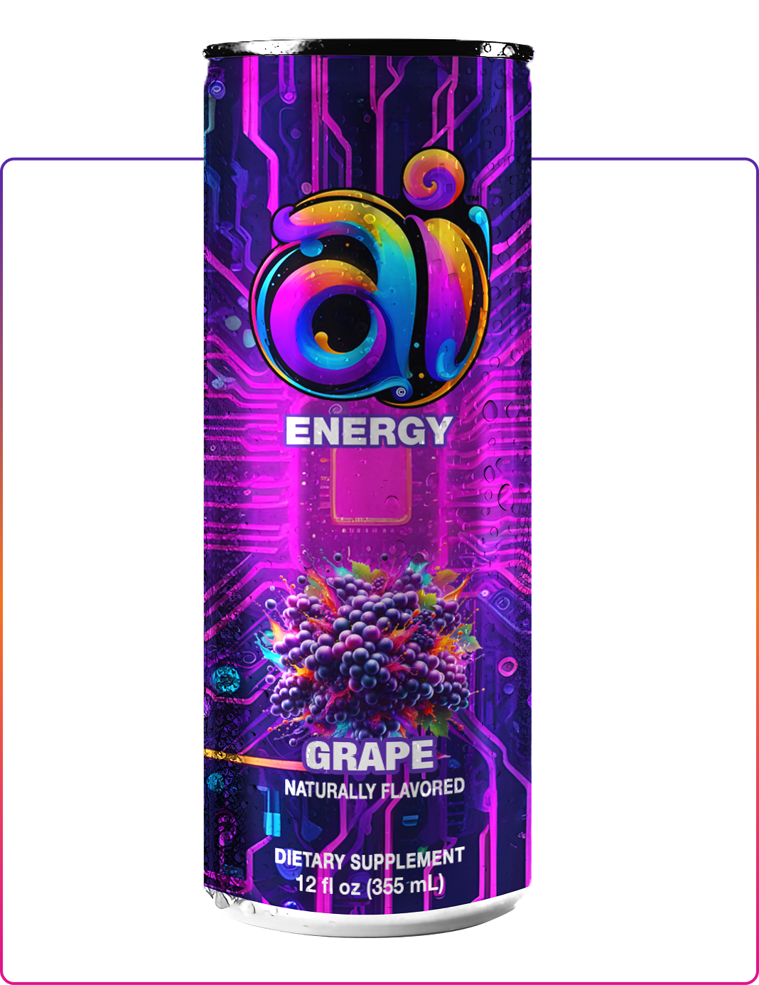 Ai Energy Grape Ai energy drink in can with dark colorful design and Grape graphic illustration on a clear transparent background