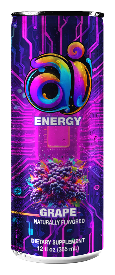 Ai Energy Grape Ai Energy Drink in Can Product Image 1 Ai Energy Grape Ai energy drink in can with dark colorful design and Grape graphic on a clear transparent background dietary supplement