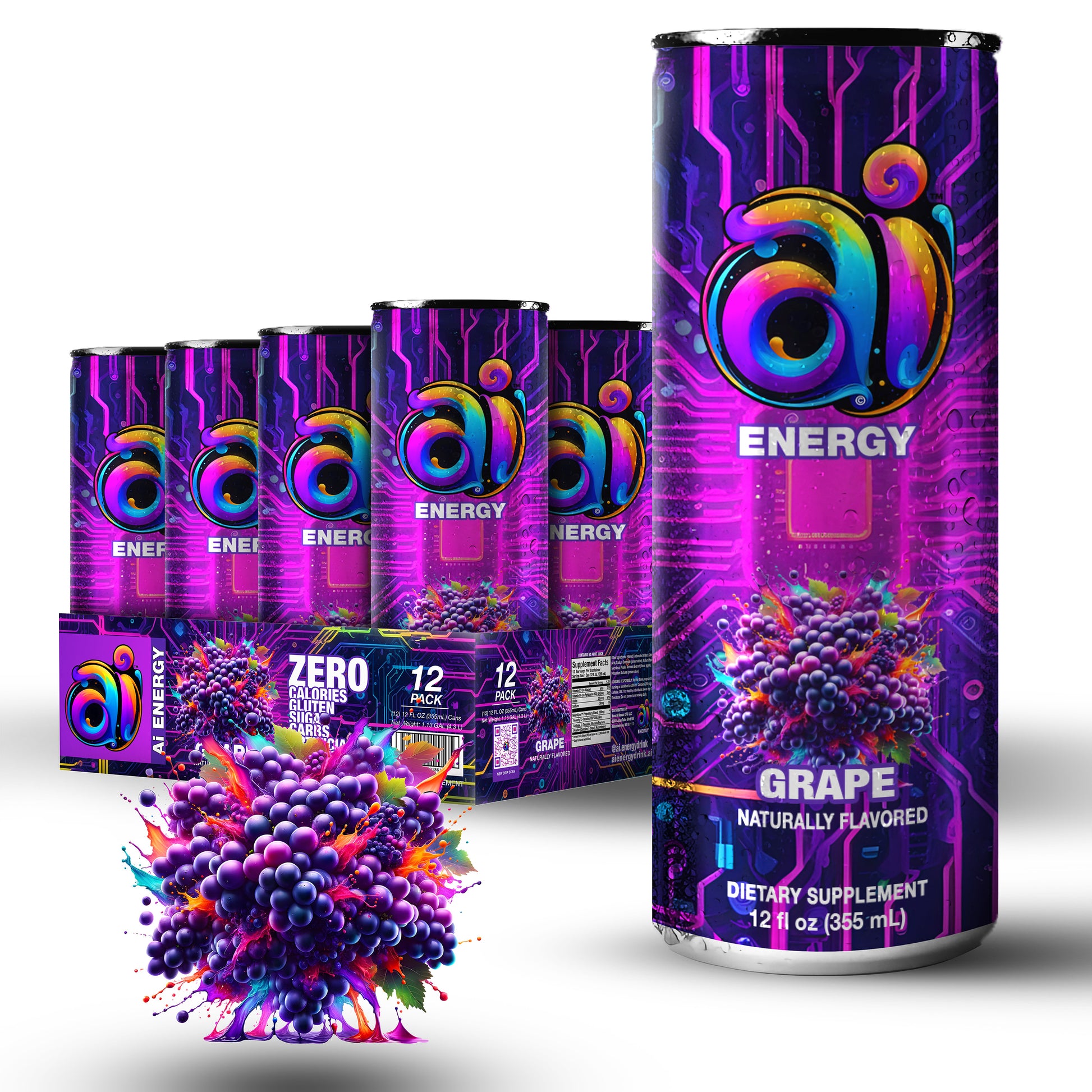 12-pack Ai Energy Grape Ai energy drink in can with dark colorful design and Grape graphic illustration on a white background