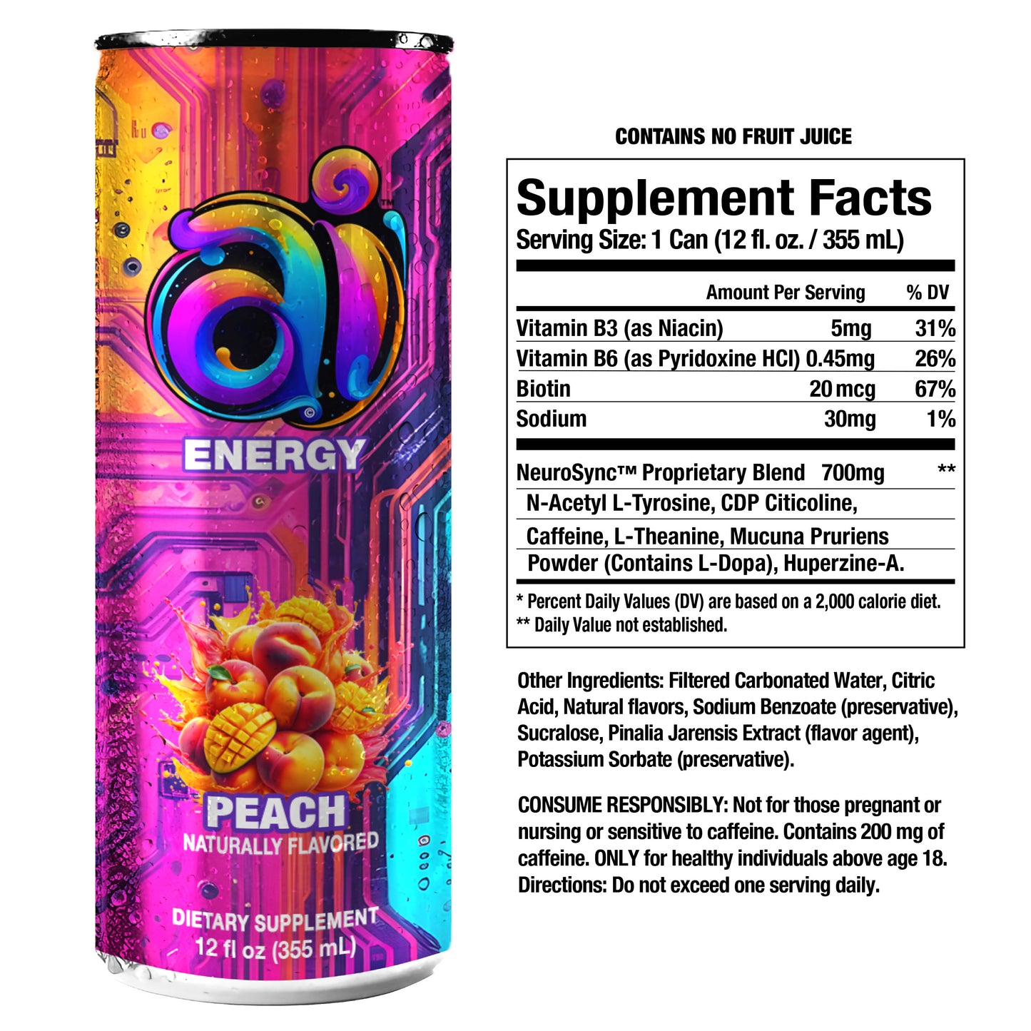 Ai Energy Peach can in dark colorful background and Peach graphic Ai Energy Drink supplement label and other ingredient list in white background