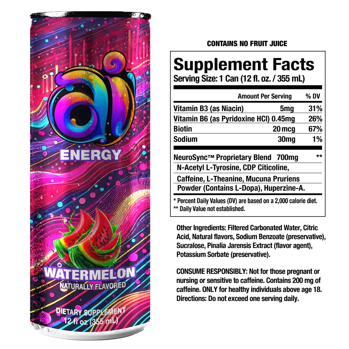 Ai Energy Watermelon can in dark colorful background and Watermelon graphic Ai Energy Drink supplement label and other ingredient list in white background