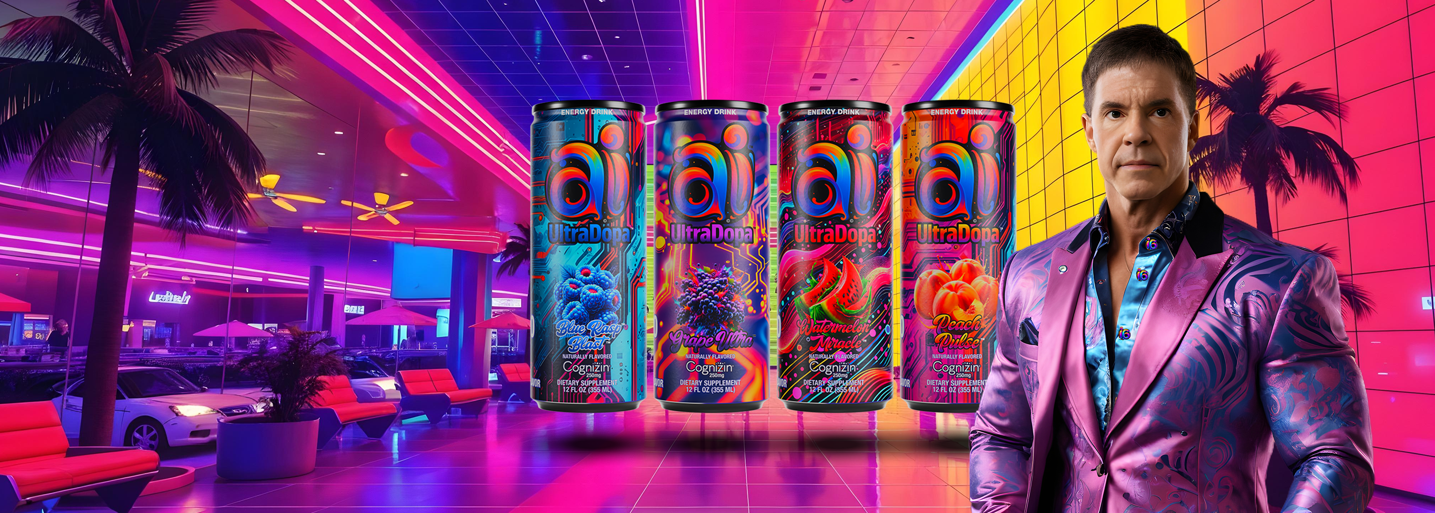 Ai UltraDopa Ai Energy Drink cans with Jack Owoc Cans of Ai UltraDopa Ai energy drink with colorful packaging in a neon-lit urban setting with Jack Owoc on the foreground.