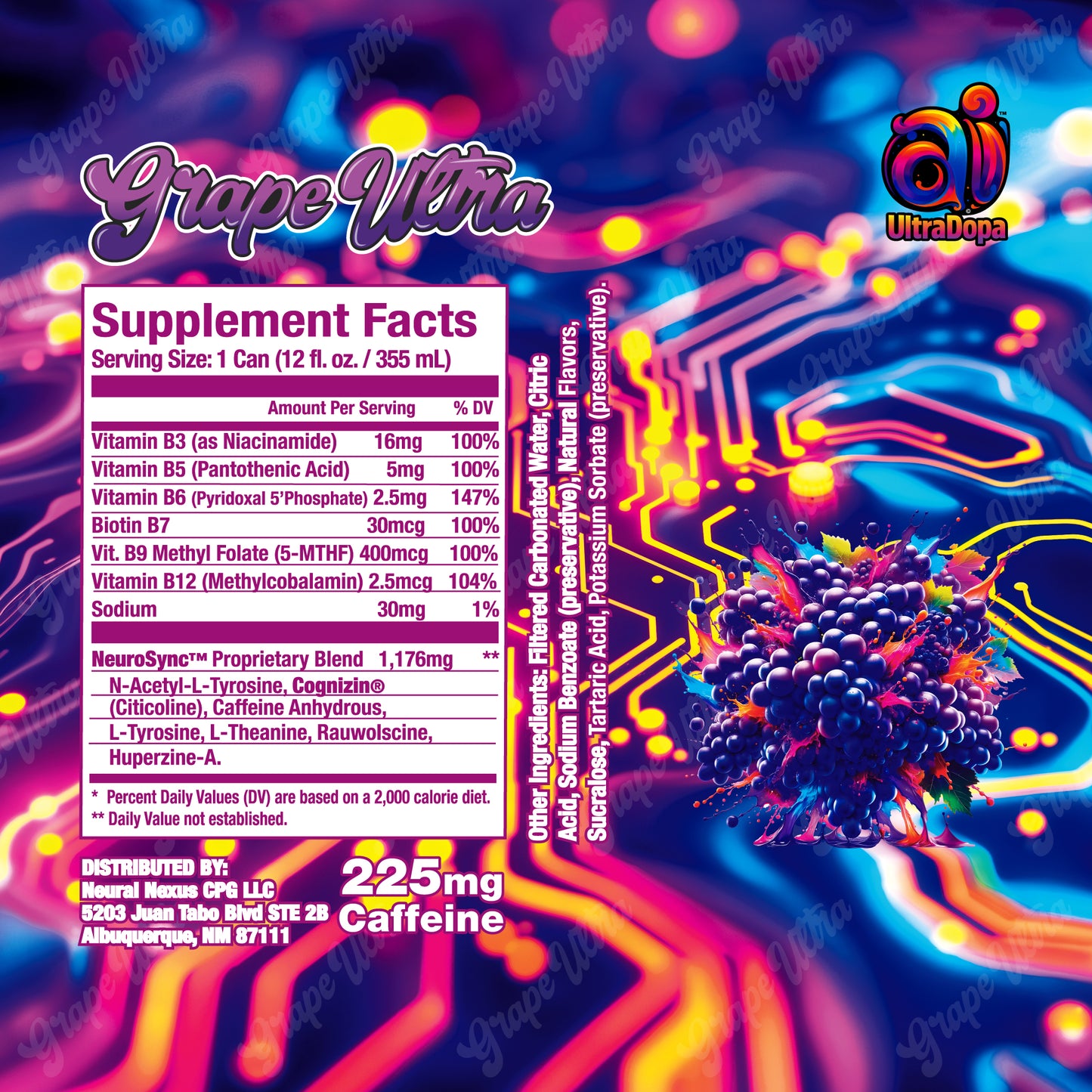 Ai UltraDopa Grape Ultra Ai energy drink supplement label with colorful design and grapes graphic and ingredient list.