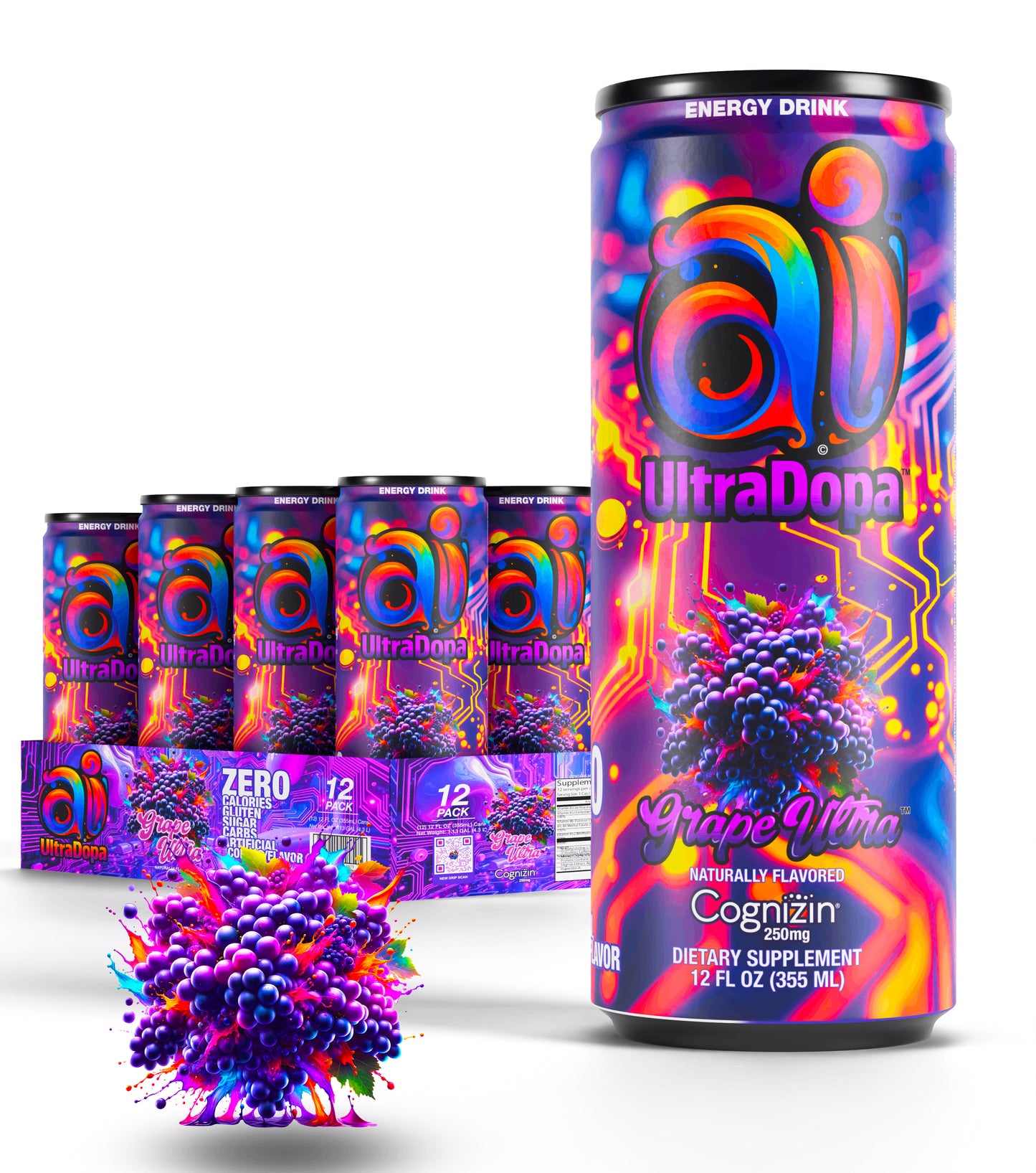 12-pack of Ai UltraDopa Grape Ultra Ai energy drink in can with colorful design and grapes graphic on a clear transparent background