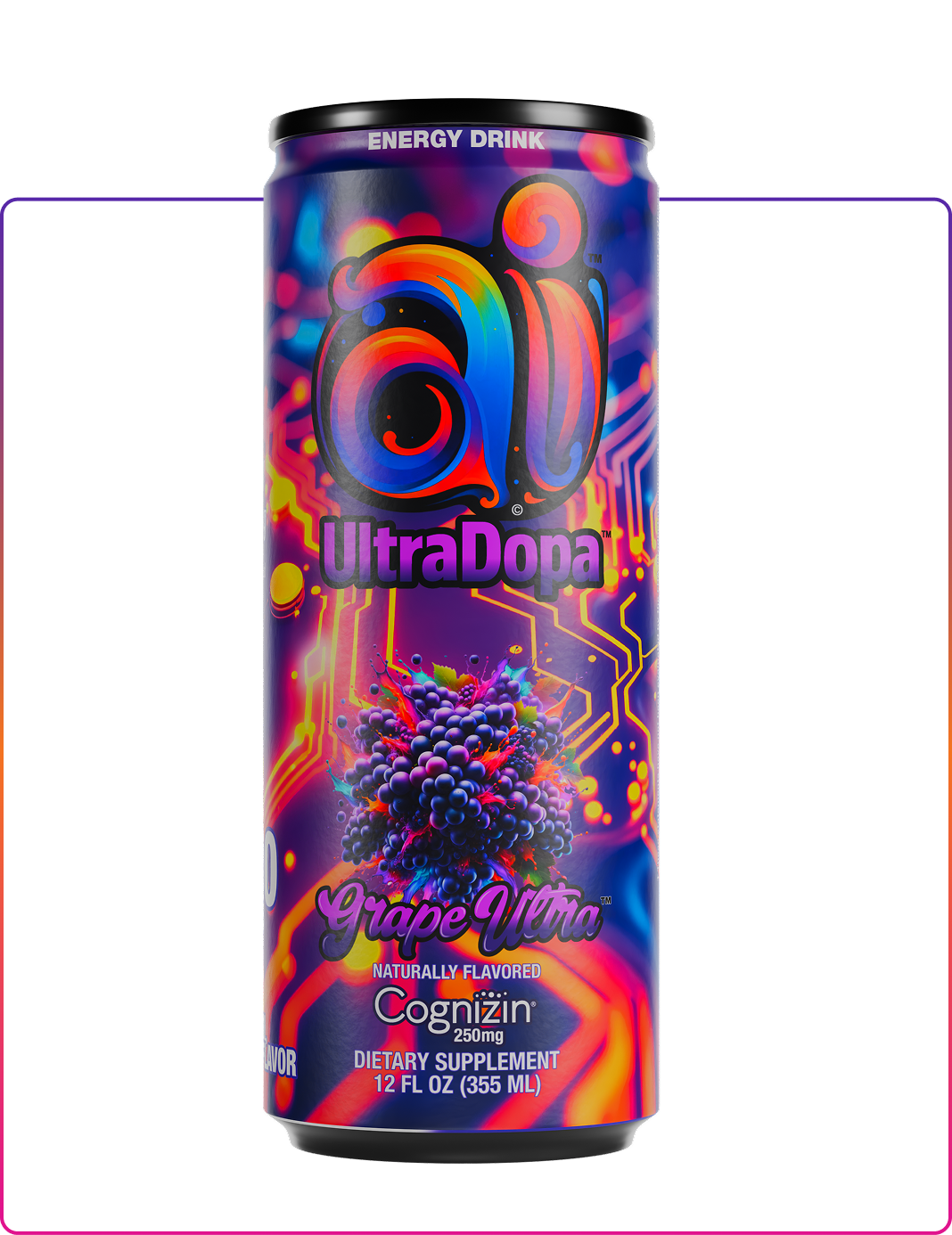 Ai UltraDopa Grape Ultra Ai energy drink in can with colorful design with grapes graphic on a clear transparent background