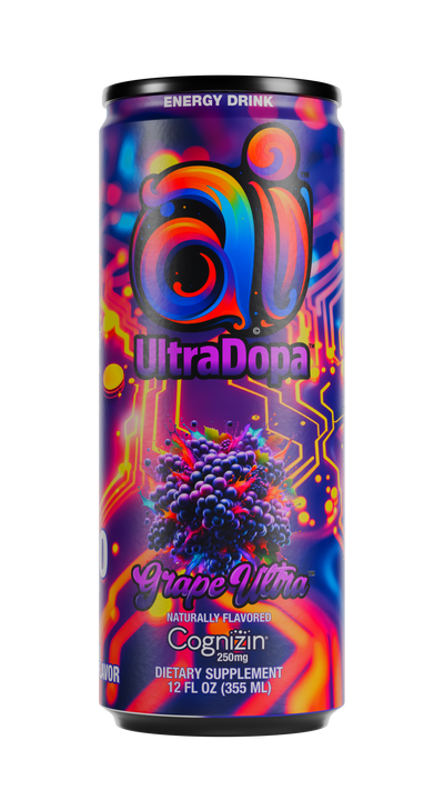 Ai UltraDopa Grape Ultra Ai Energy Drink Product Image 1 Ai UltraDopa Grape Ultra Ai energy drink in can with colorful design and grapes graphic on a clear transparent background