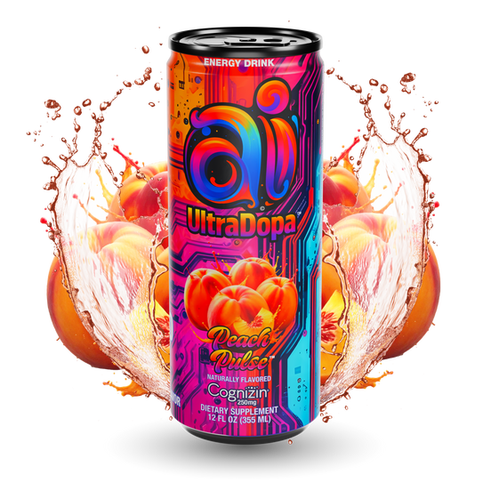 Ai UltraDopa Peach Pulse Ai Energy Drink Product Image 3 Ai UltraDopa Peach Pulse Ai energy drink in can with colorful design and peaches graphics in front of peach with a juicy splash effect on a clear transparent background