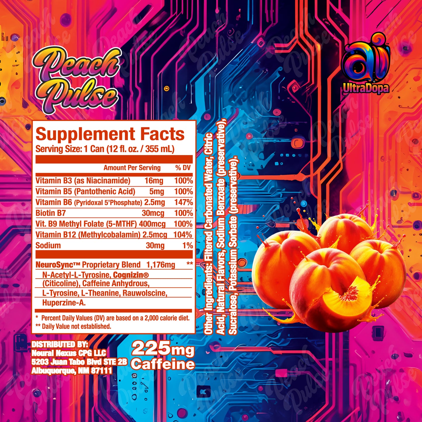 Ai UltraDopa Peach Pulse Ai energy drink supplement label with colorful design and peaches graphics and ingredient list.