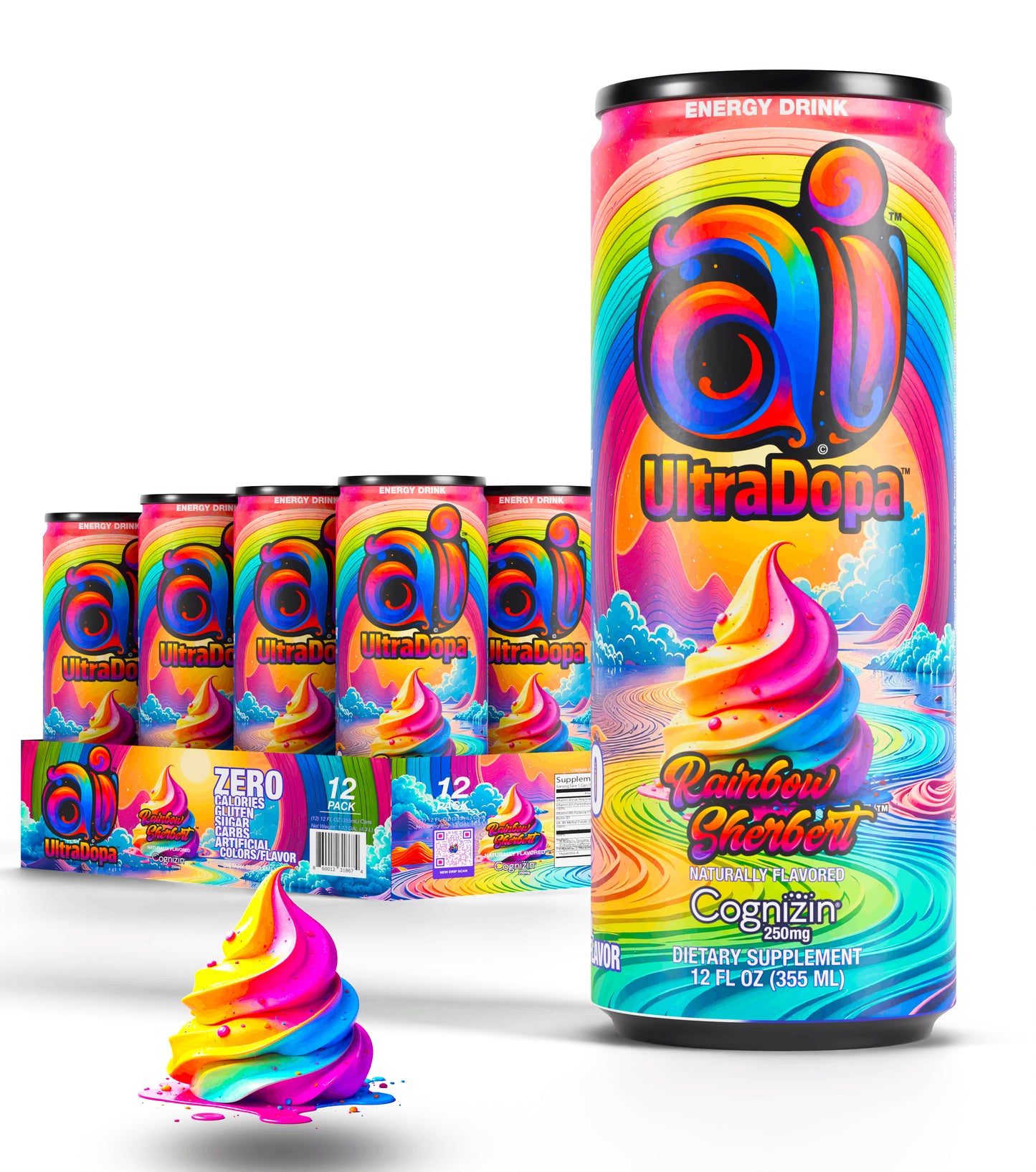 Colorful Ai UltraDopa Rainbow Sherbert 12 Pack Ai No Sugar Energy drink with rainbow design on a white background