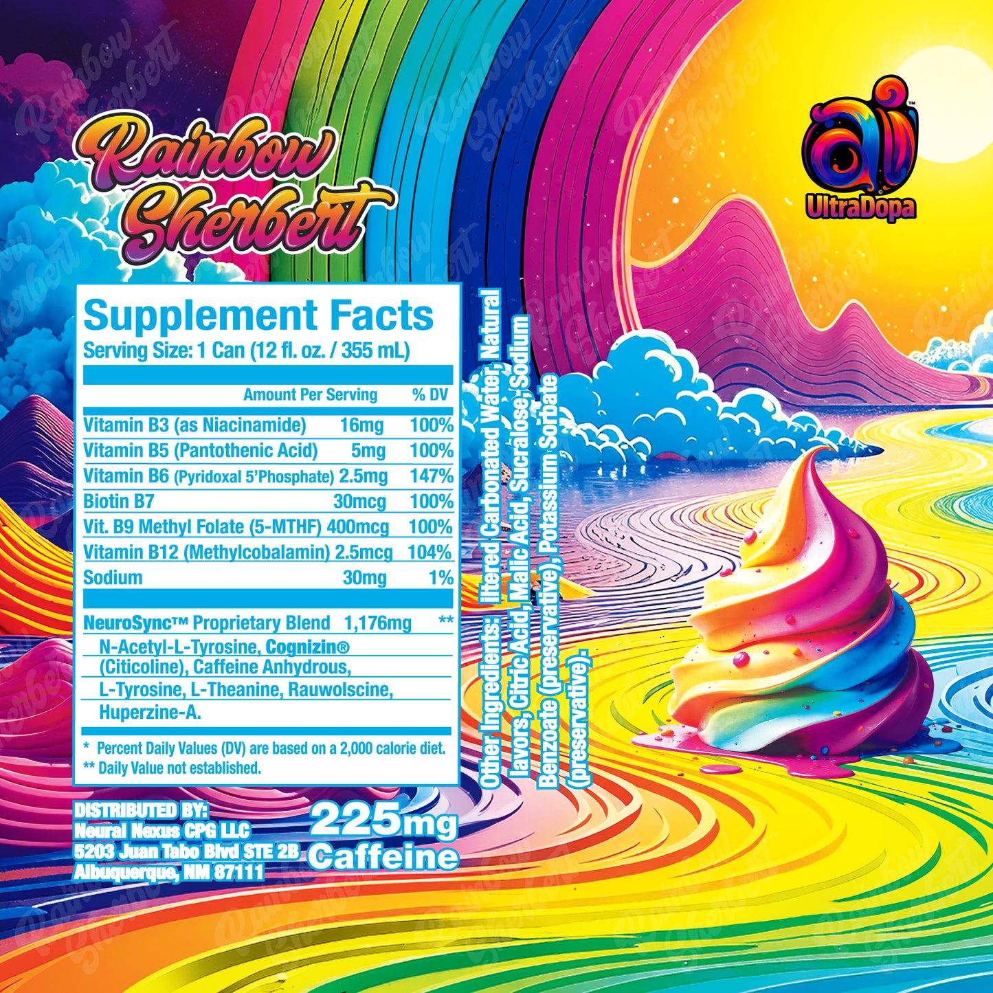 Colorful label of Ai UltraDopa Rainbow Sherbert Flavor Ai Energy Drink Nutritional Facts