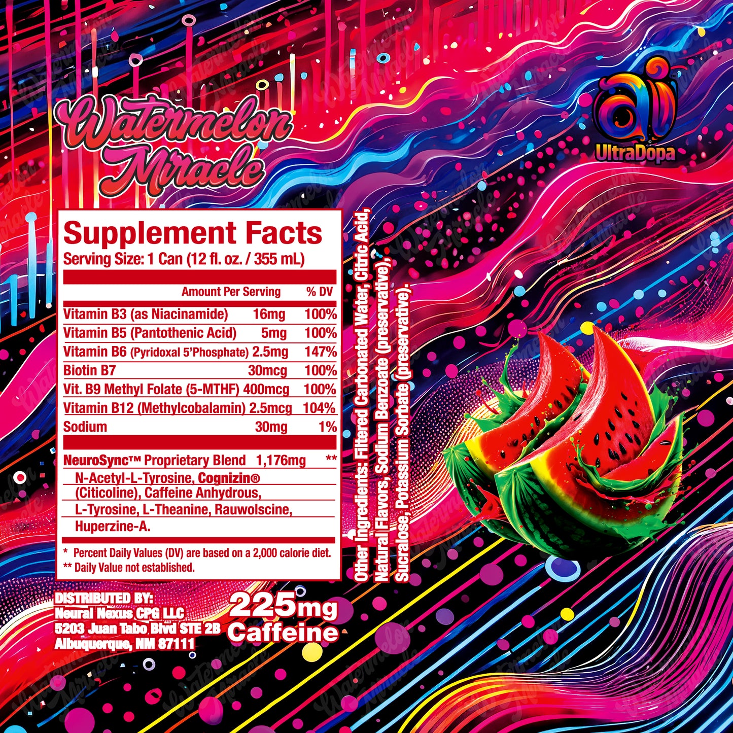 Ai UltraDopa Watermelon Miracle Ai Energy Drinksupplement label in dark colorful background and watermelon graphic and other ingredient list