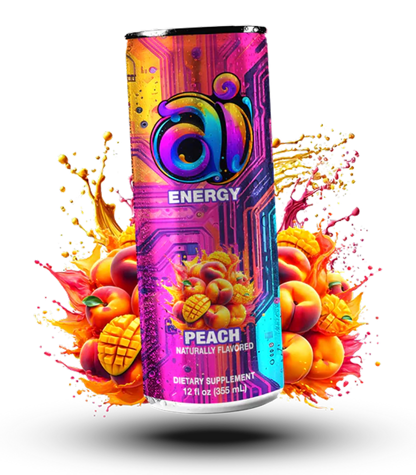 Colorful Ai Energy Peach energy drink can with peach flavor design.