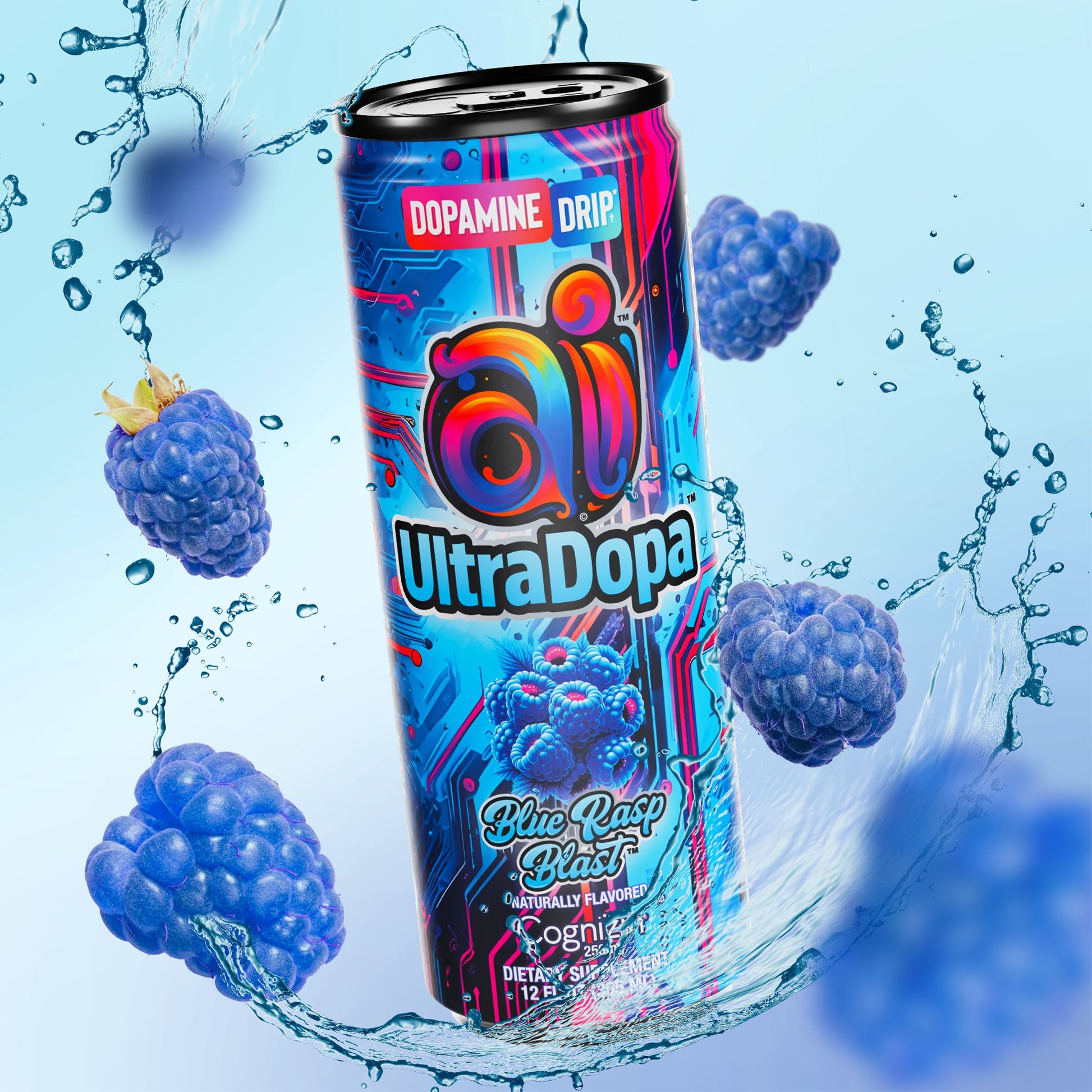 UltraDopa energy drink can with blue raspberries on a blue background