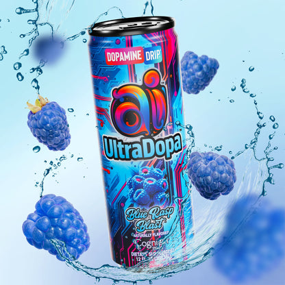 UltraDopa energy drink can with blue raspberries on a blue background