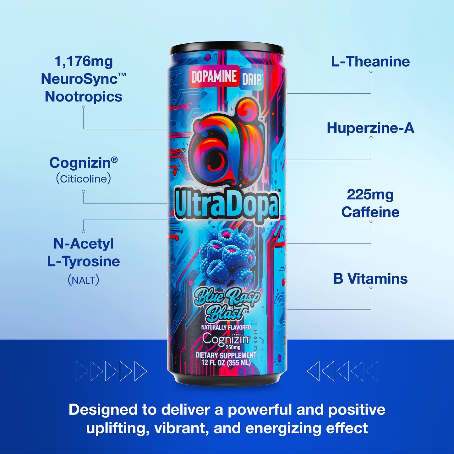 UltraDopa supplement can with ingredients listed on a blue background