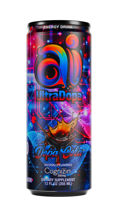 Ai UltraDopa Dopa Cola Ai energy drink in can with colorful design on a transparent background