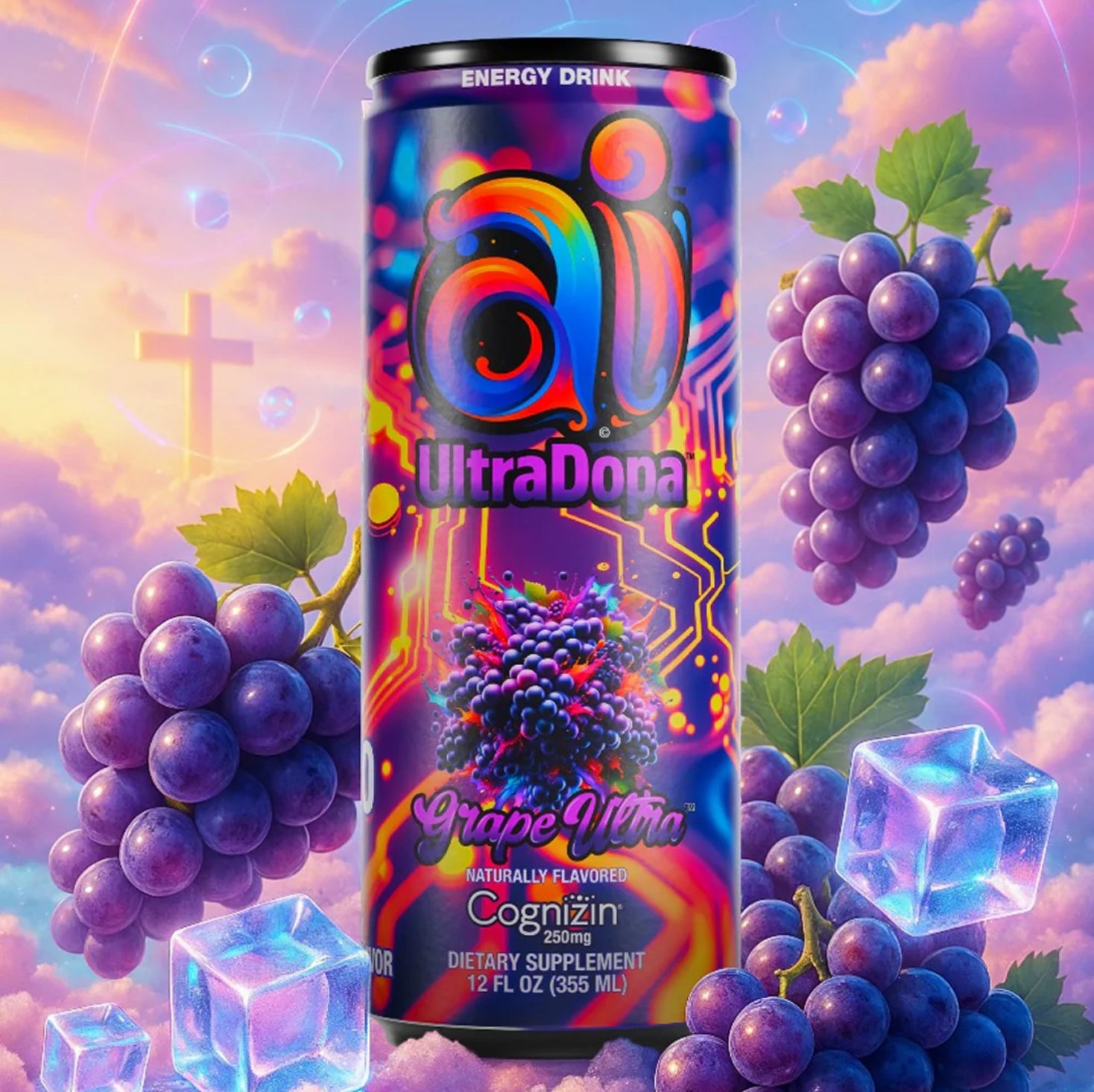 Ai UltraDopa Grape Ultra energy drink can with grape flavor surrounded by grapes and ice cubes on a colorful background