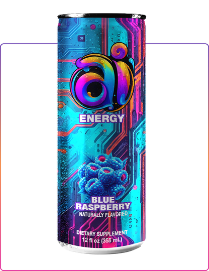 Ai Energy Blue Raspberry Ai energy drink in can with dark colorful design and blue raspberries graphic illustration on a clear transparent background 
