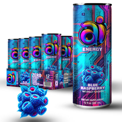 12-pack Ai Energy Blue Raspberry Ai energy drink in can with dark colorful design and blue raspberries graphic illustration on a white background