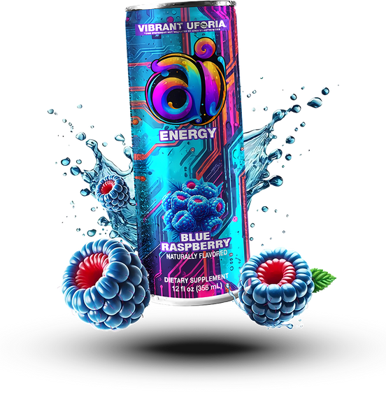 Ai Energy Blue Raspberry Ai energy drink in can with dark colorful design and blue raspberries graphic with blue-colored water splash effects on a clear transparent background