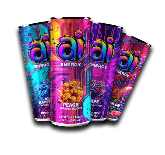 4 Cans of Ai Energy Variety Mixed Flavors Ai energy drink with dark colorful design and Different Fruit Flavors namely Blue Raspberry, Grape, Watermelon, and Peach graphic illustration on each can on a clear transparent background with a text below that says, "VARIETY 12 PACK"