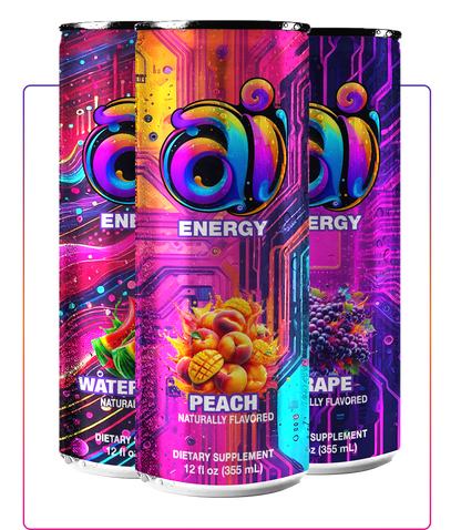 3 Cans of Ai Energy Variety Mixed Flavors Ai energy drink with dark colorful design and Different Fruit Flavors graphic illustration on each can on a clear transparent background