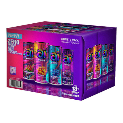 A box of 12-pack Ai Energy Drink Variety Mixed Flavors with dark colorful designs and Different Fruit Flavors graphic illustration on each can on a white background, box is facing to the left, box angle