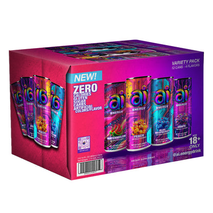 A box of 12-pack Ai Energy Drink Variety Mixed Flavors with dark colorful designs and Different Fruit Flavors graphic illustration on each can on a white background, box is facing to the right, box angle, 18+ only warning, NEW, QR Code, Barcode