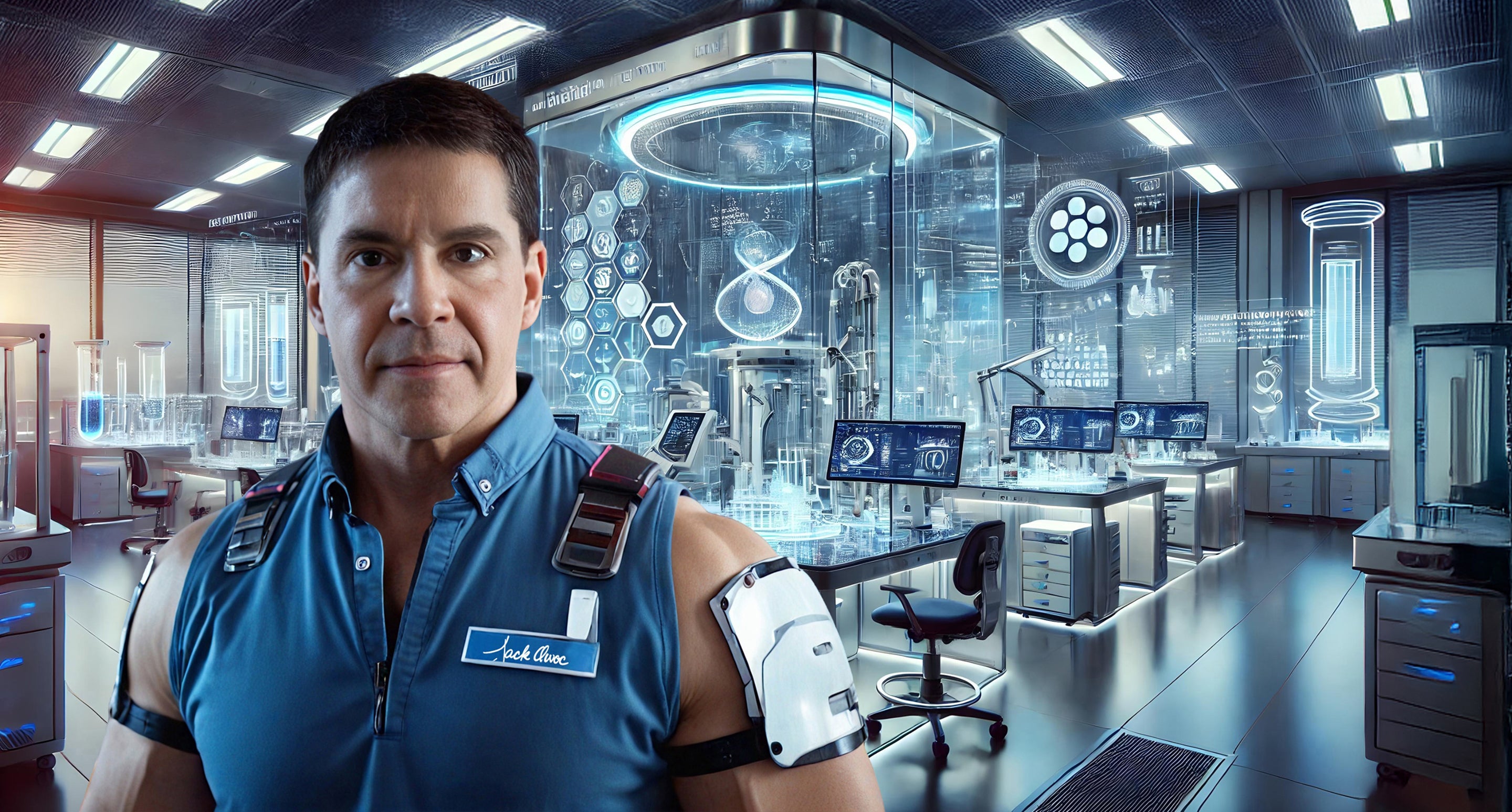 Jack Owoc in a futuristic lab with advanced technology and displays.