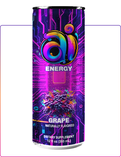 Ai Energy Grape Ai energy drink in can with dark colorful design and Grape graphic illustration on a clear transparent background