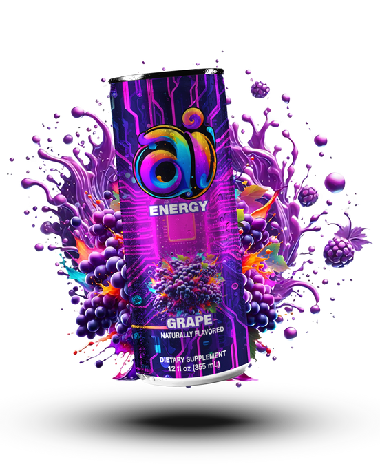 Ai Energy Grape Ai energy drink in can with dark colorful design and Grape graphic with grape juice water splash effects on a clear transparent background