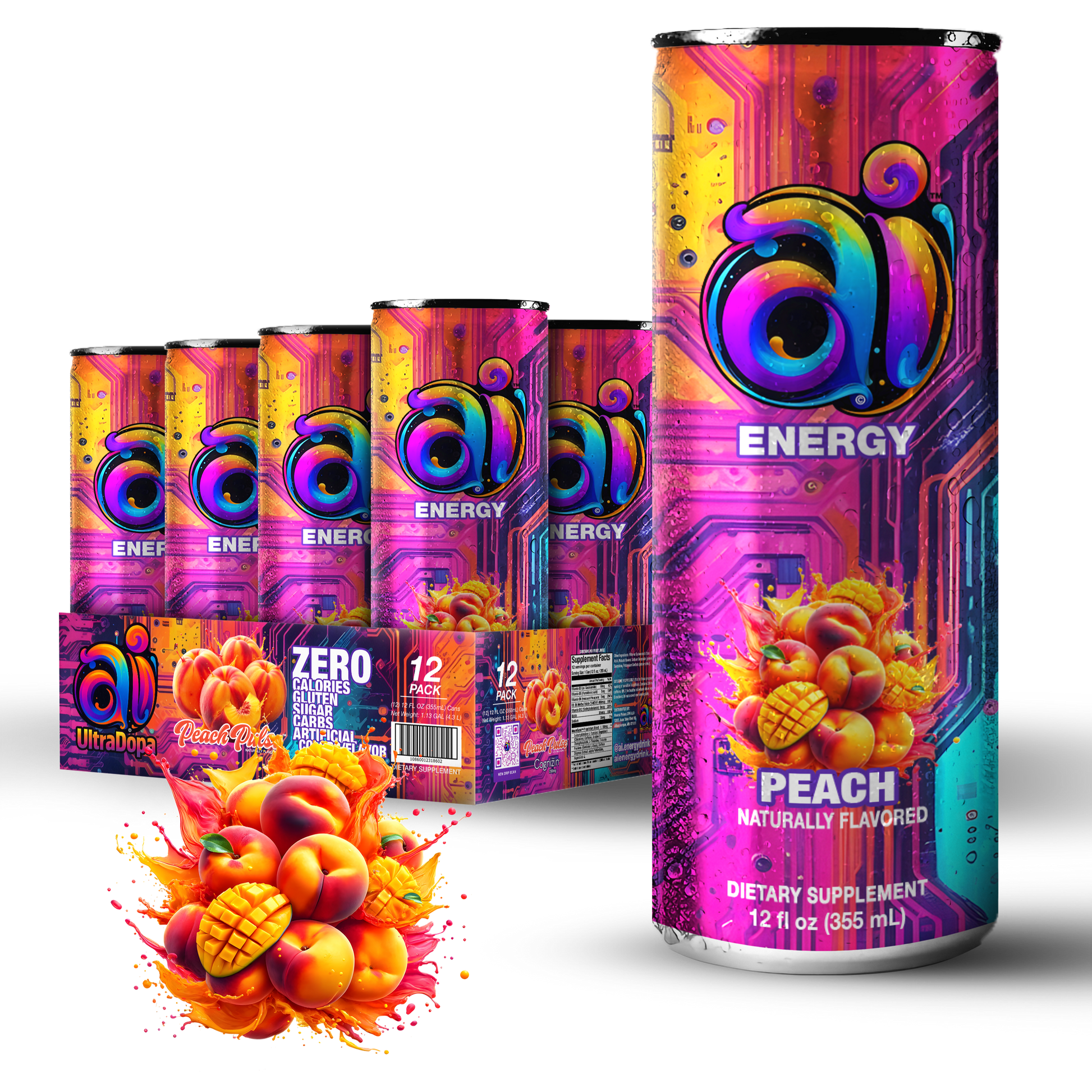 12-pack Ai Energy Peach Ai energy drink in can with dark colorful design and Peach graphic illustration on a white background