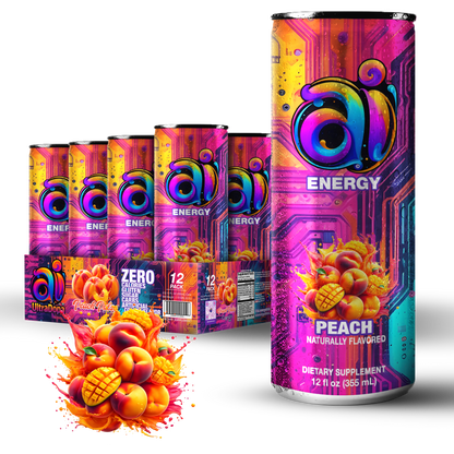 12-pack Ai Energy Peach Ai energy drink in can with dark colorful design and Peach graphic illustration on a white background