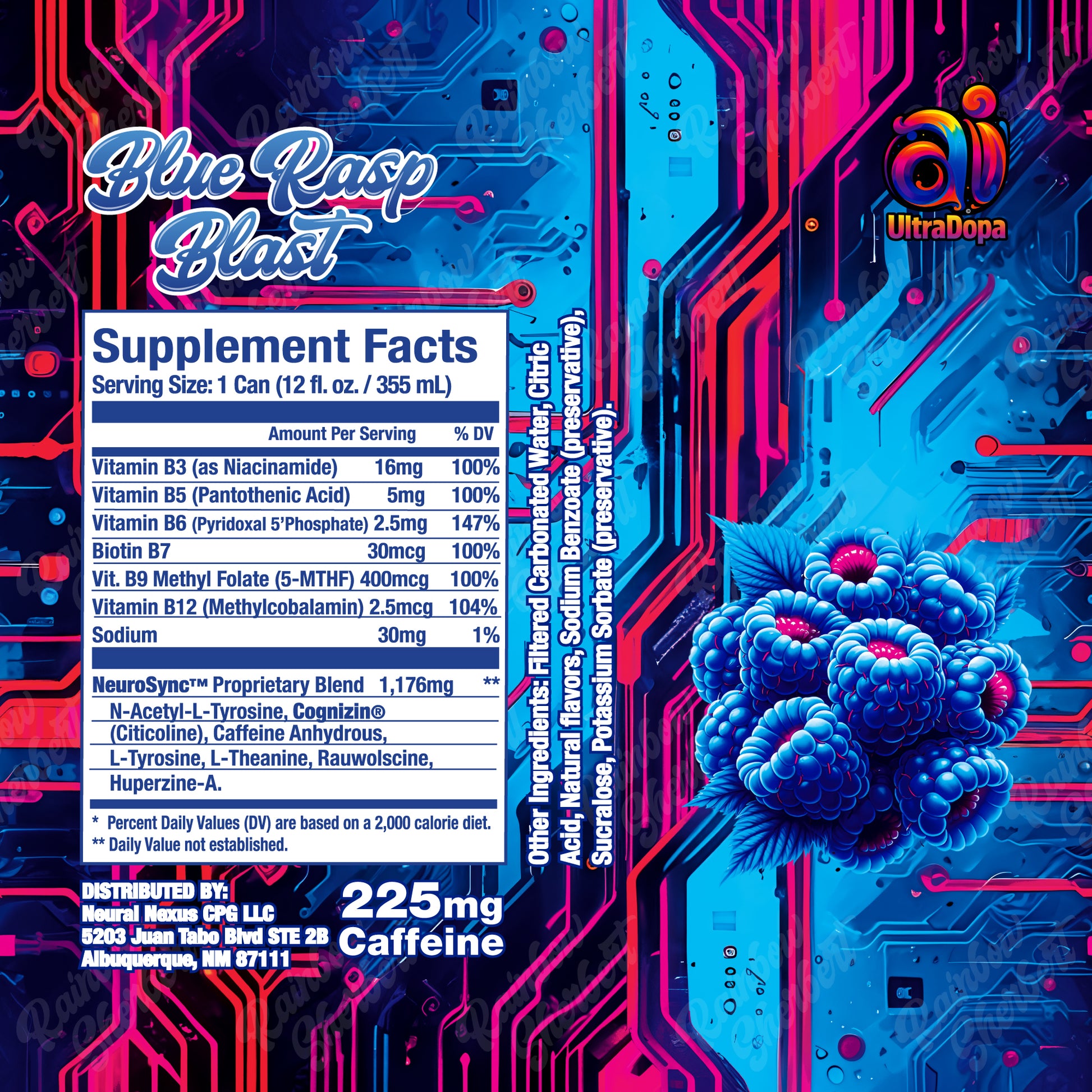 Ai UltraDopa Blue Rasp Blast Ai Energy Drink supplement label in dark colorful background and blue raspberries graphic and other ingredient list