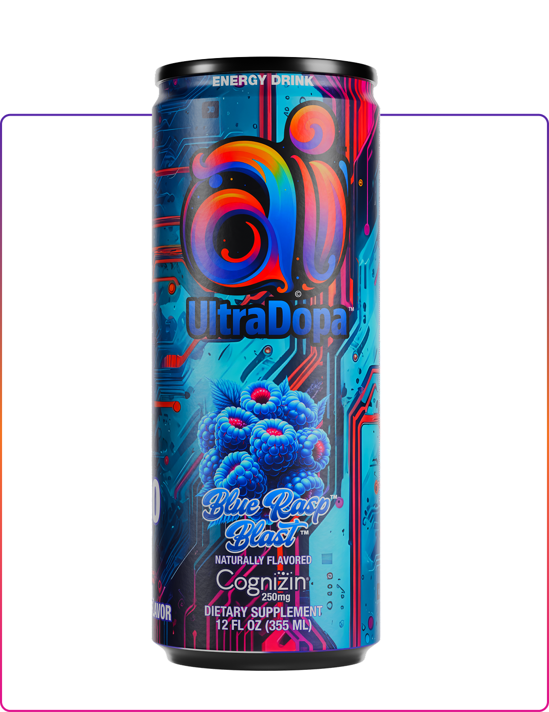 Ai UltraDopa Blue Rasp Blast Ai energy drink in can with dark colorful design and blue raspberries graphic on a clear transparent background