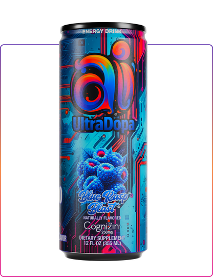 Ai UltraDopa Blue Rasp Blast Ai energy drink in can with dark colorful design and blue raspberries graphic on a clear transparent background