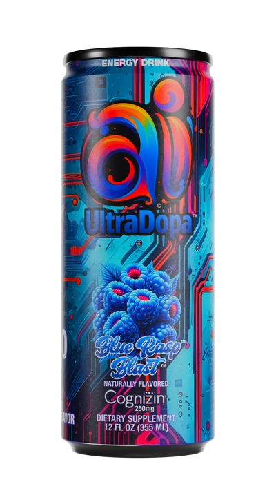 Ai UltraDopa Blue Rasp Blast Ai energy drink in can with dark colorful design and blue raspberries graphic on a clear transparent background