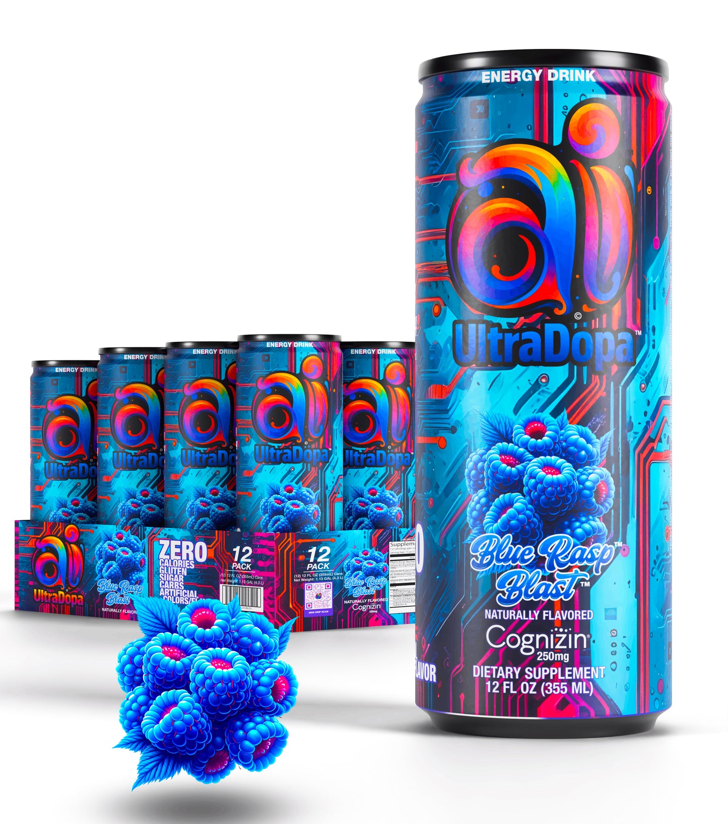 12-pack Ai UltraDopa Blue Rasp Blast Ai energy drink in can with dark colorful design and blue raspberries graphic illustration on a white background