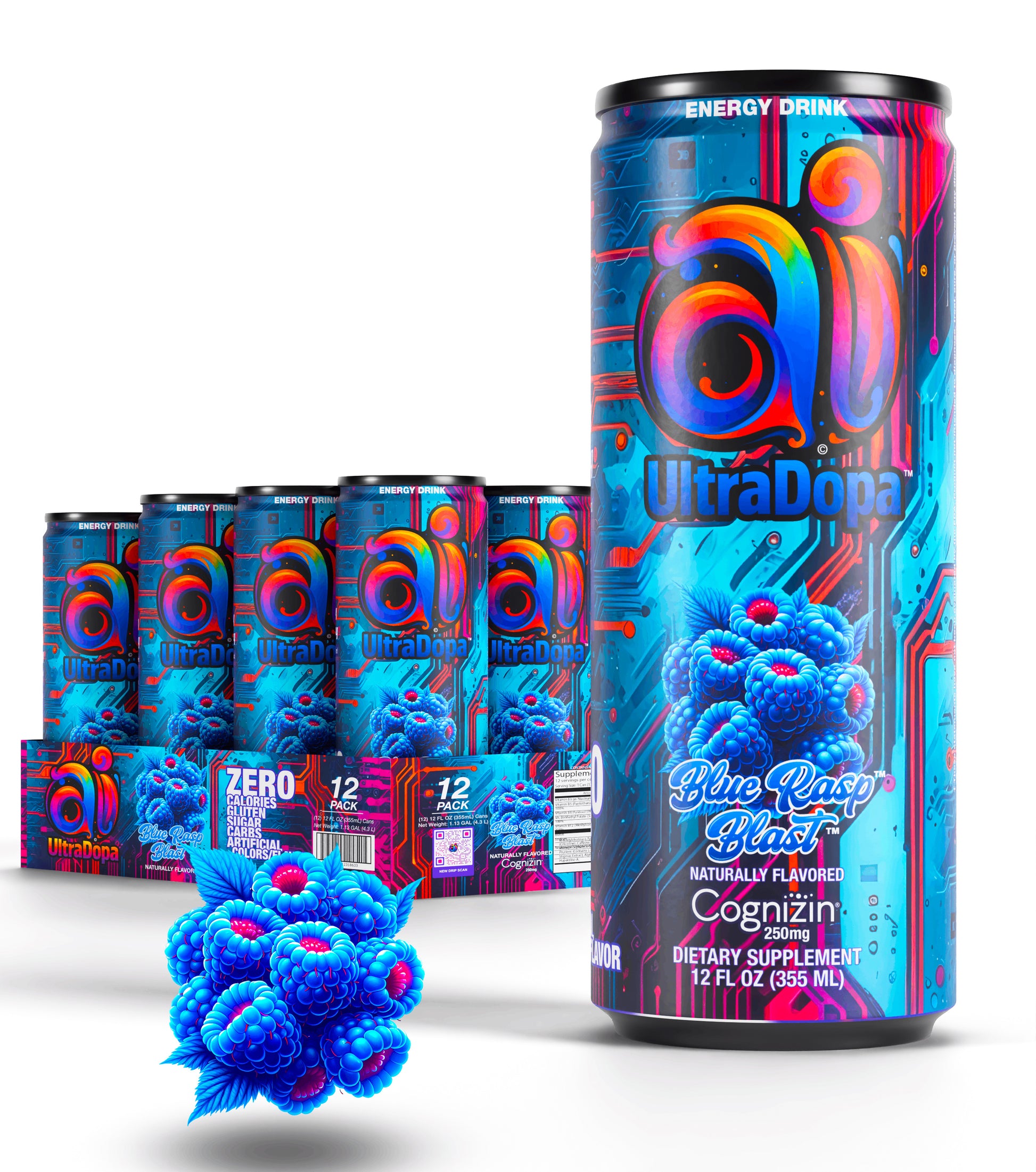 12-pack Ai UltraDopa Blue Rasp Blast Ai energy drink in can with dark colorful design and blue raspberries graphic illustration on a white background