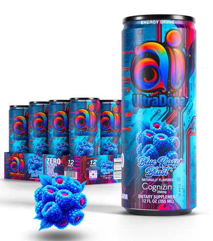 12-pack Ai UltraDopa Blue Rasp Blast Ai energy drink in can with dark colorful design and blue raspberries graphic illustration on a white background