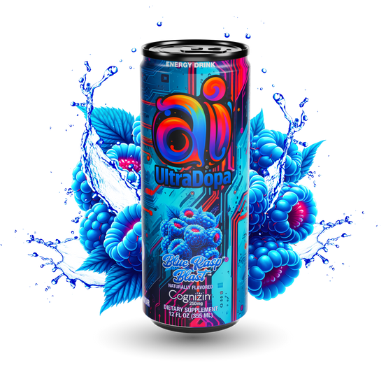 Ai UltraDopa Blue Rasp Blast Ai energy drink in can with dark colorful design and blue raspberries graphic in front of blue raspberries with splash effect on a clear transparent background